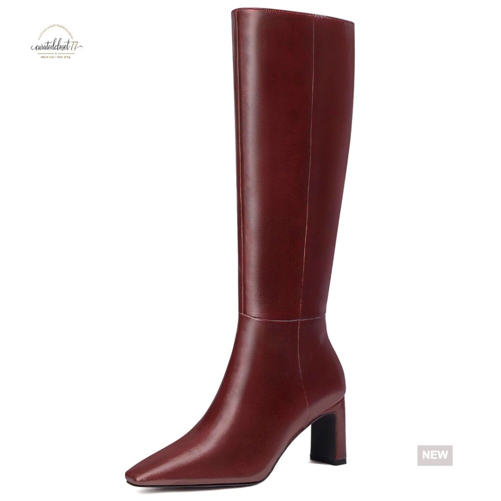 Knee High Boots Wide Calf Square Toe Chunky Block Heel Pull On